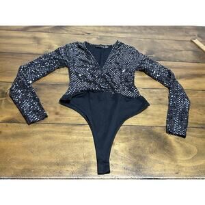 Prettylittlething Sequin Long Sleeve V-Neck Bodysuit Black Size 4